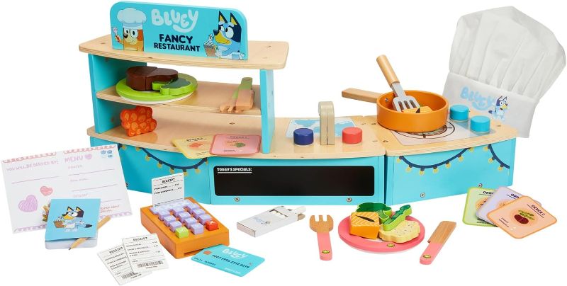 Photo 2 of Bluey – Tabletop Restaurant – 32 Piece Wooden Roleplay Toy with Cutlery & Pretend Food Accessories for Kids – FSC-Certified Material – Fun Imaginative Kit for 3 Years and Up