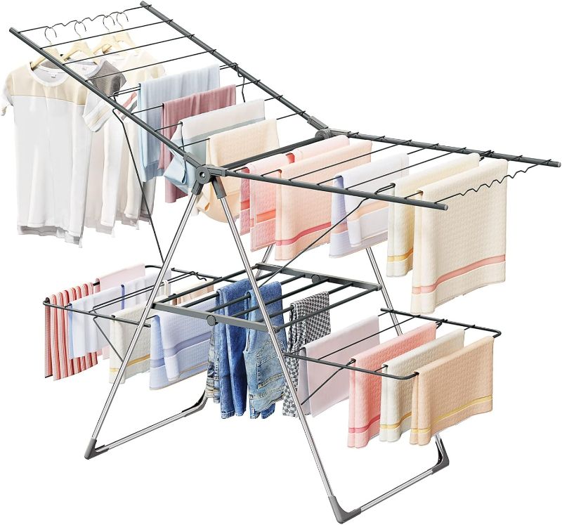 Photo 1 of Bigzzia Clothes Drying Rack Foldable, 2-Level Large Laundry Drying Rack Collapsible, Stainless Steel Drying Rack Clothing for Indoor Outdoor, Easy to Fold,...
