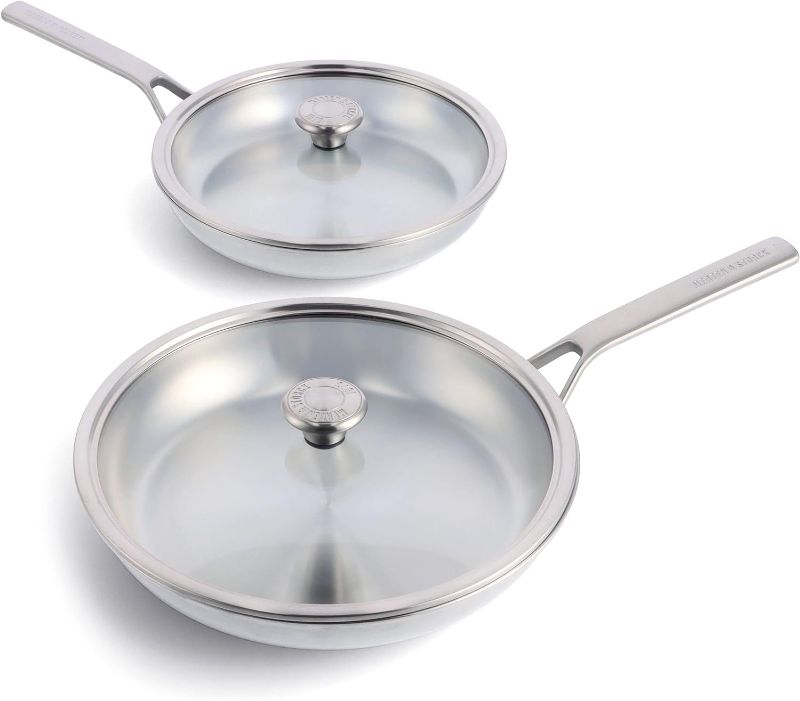 Photo 1 of Merten & Storck Tri-Ply Stainless Steel 10" & 12" Frying Pan Skillet Set with Glass Lids, Professional Cooking, Multi Clad, Drip-Free Pouring Edges, Browning, Induction, Durable,Oven & Dishwasher Safe
