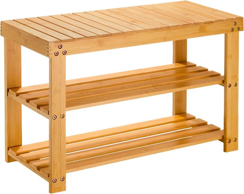 Photo 1 of Pipishell 3 Tier Bamboo Shoe Rack Bench - Sturdy Organizer Holds up to 300lbs for Entryway, Bedroom, Living Room, Balcony
