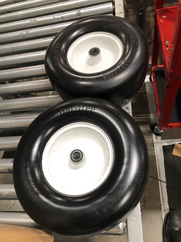 Photo 2 of 11x4.00-5 lawn mower tires flat free, Solid Smooth Tires and Wheel with 3/4" or 5/8" & 1/2" Precision bearings, 3.4"-5" Centered Hub, for Zero-Turn Lawn Mowers, Extra Universal Adapter Kit (2 Pack)