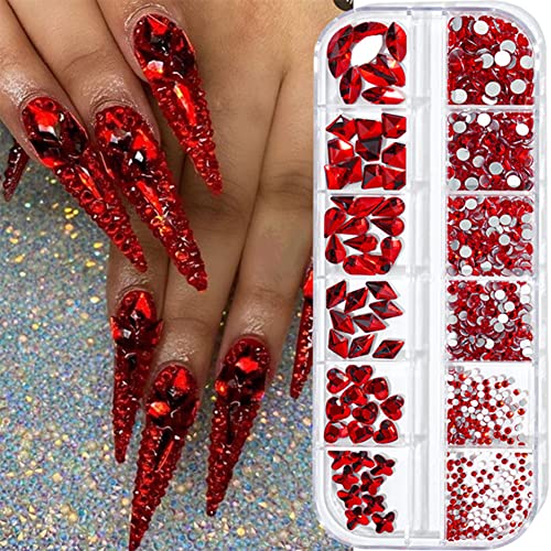 Photo 2 of 735 Pieces Red Nail Rhinestones for Acrylic Nails Red Stones for Nails Crystals 3D Nail Diamonds Art Decoration Crafts DIY (Red)
