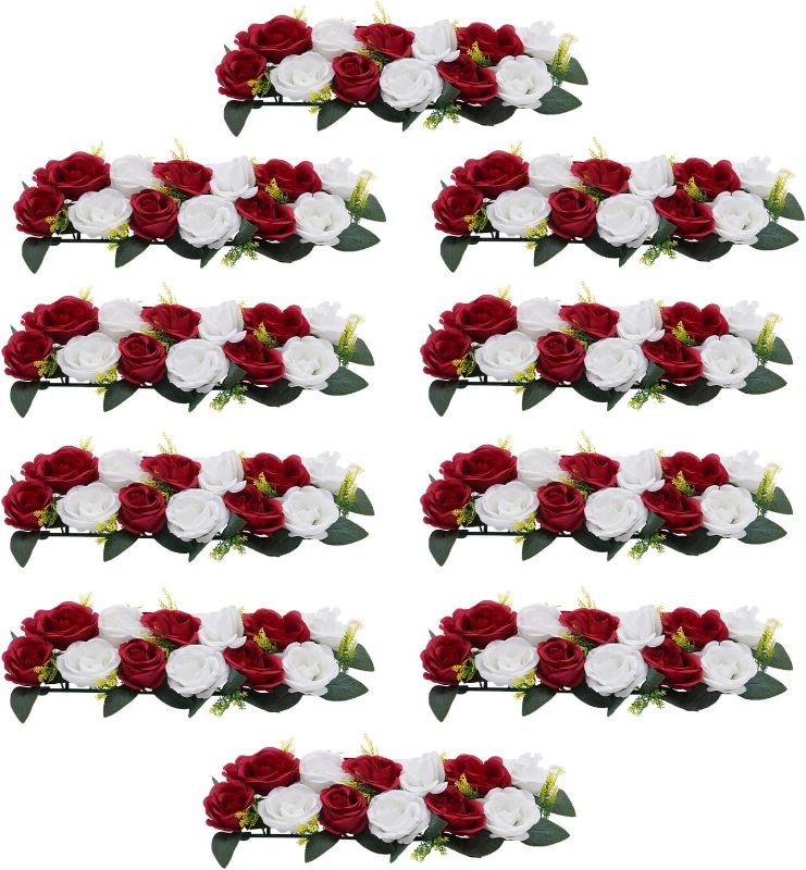 Photo 1 of 10Pcs Wedding Dining Table Flower Centerpiece Artificial Flower Table Decoration Artificial Silk Rose Floral Centerpiece Arrangement for Home Wedding Party Living Room Table Decor, Red & White
