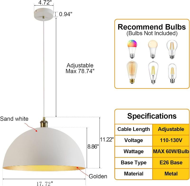 Photo 3 of (READ FULL POST) Vintage Pendant Light 17.72'' Farmhouse Pendant Lights Industrial Large Dome Chandelier White and Gold Finish Lighting Fixture Wire length 78.74 '' for Kitchen Island, Bedroom, Dining Room, Hallway 17.72‘’white and gold