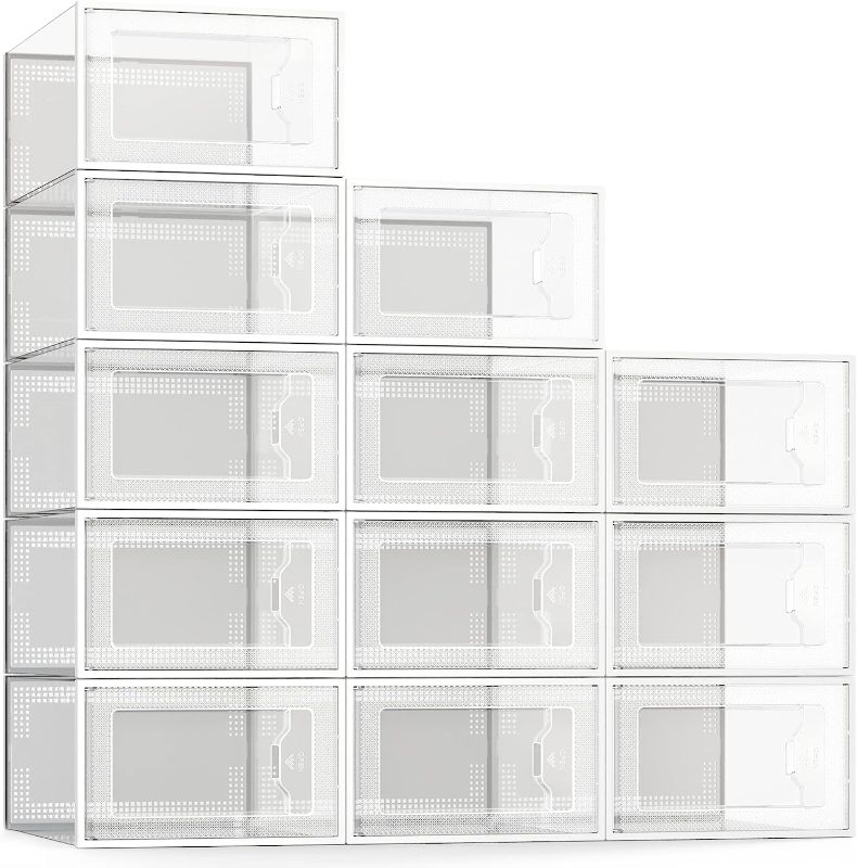 Photo 1 of **NOT FOR HEAVY SHOES WILL FALL APART** SEE SPRING Large 12 Pack Shoe Storage Box, Clear Plastic Stackable Shoe Organizer for Closet, Space Saving Foldable Shoe Rack Sneaker Container Bin Holder
