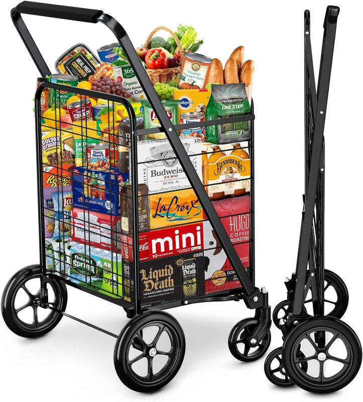 Photo 1 of (READ FULL POST) winkeep Shopping Cart, Upgrade Dense Grid Bottom Folding Cart with 360° Rolling Swivel Wheels Heavy Duty Grocery Utility Cart for Multiple Uses Extra Large Grocery Cart Can Hold Up to 280 lbs
