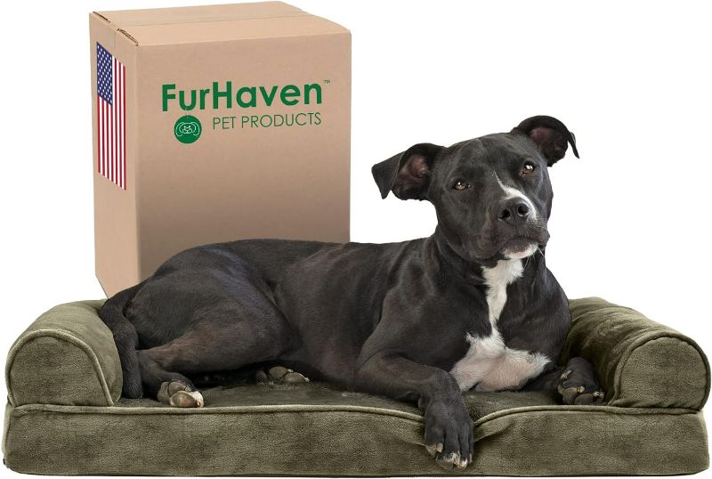 Photo 1 of (READ FULL POST) Furhaven Memory Foam Dog Bed for Medium/Small Dogs w/ Removable Bolsters & Washable Cover, For Dogs Up to 35 lbs - Faux Fur & Velvet Sofa - Dark Sage, Medium
