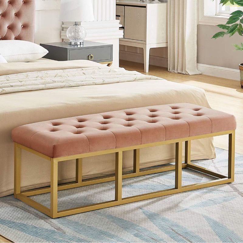 Photo 1 of 24KF Upholstered Tufted Long Bench with Golden Metal Leg, Blush Velvet Bench with Padded Seat -Blush