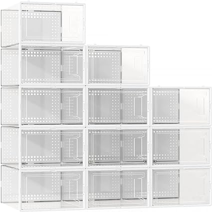 Photo 1 of 12 Pack Large Shoe Organizer Storage Boxes for Closet, Modular Space Saving Shoe Boxes Clear Plastic Stackable Sneaker Containers Display Case with Lids, White
