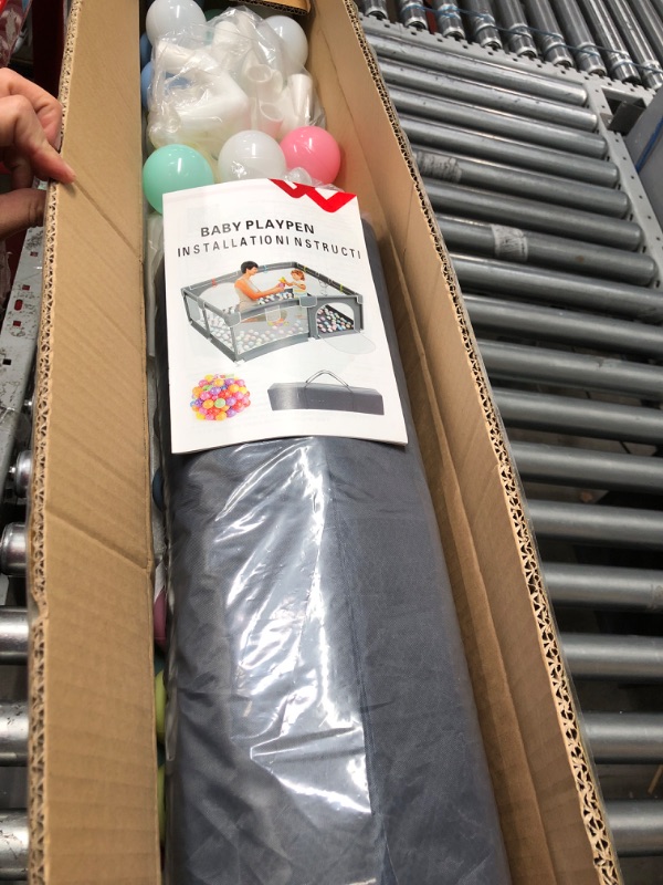 Photo 1 of Baby Playpen, 79" x 63" Extra Large Play Yard Playpen for Babies and Toddlers with 50 Ocean Balls, Indoor & Outdoor Safety Baby Activity Center with Breathable Mesh, Anti-Slip Suckers and Zipper Gate 2023 New Grey