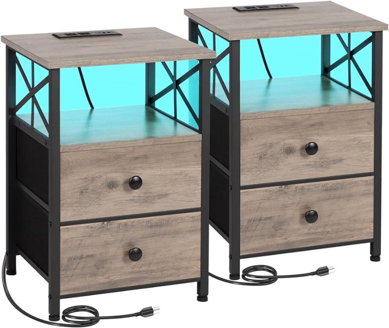 Photo 1 of *SIMILAR TO STOCK PHOTO*- Nightstands Set Of 2 With Charging Station, Night Stand With 20 Colors LED Lights and Fabric Drawer, Side Tables Bedroom, End Table With USB ports and Outlets For Living Room, Office Grey 