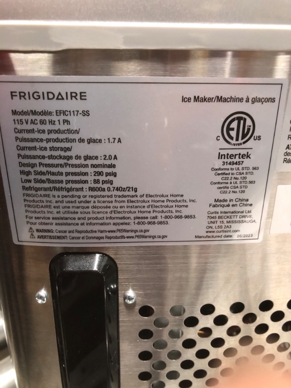 Photo 3 of (PARTS ONLY)Frigidaire Compact Countertop Ice Maker, Makes 26 Lbs. Of Bullet Shaped Ice Cubes Per Day, Silver Stainless