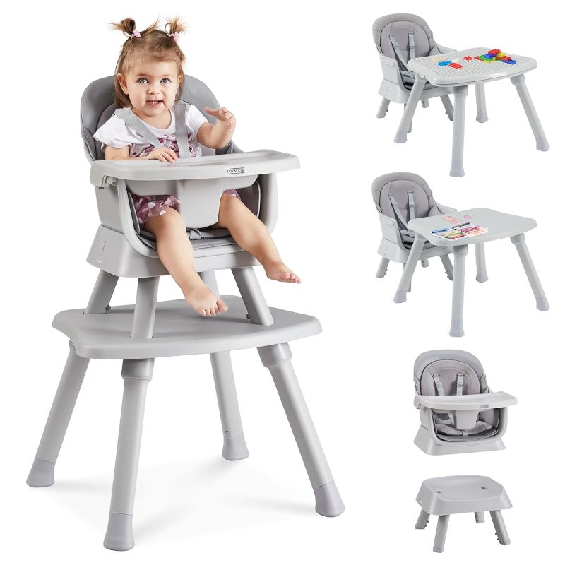 Photo 1 of 8 in 1 Baby High Chair with Removable Tray, Multifunctional High Chair for Babies and Toddlers, Converts Kids Table & Chair Set/Toddler Building Block Table/Step Stool/Small Dining Chair (Grey)