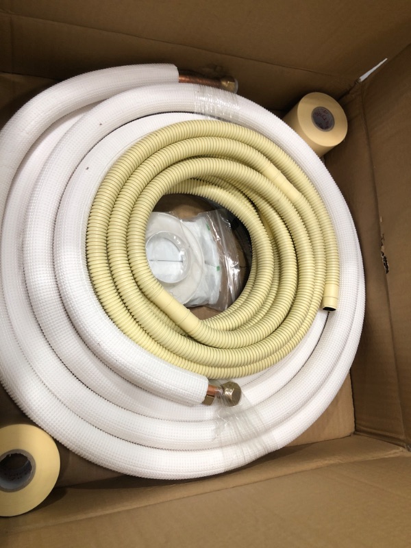 Photo 2 of 16ft Length Mini Split Line Set,1/4" 3/8" OD Copper Pipes Tubing and 3/8 White PE Thickened Insulated Coil with Flared Nuts for Mini Split Air Conditioner HVAC or Heat Pump System. (16Ft(1/4+3/8))