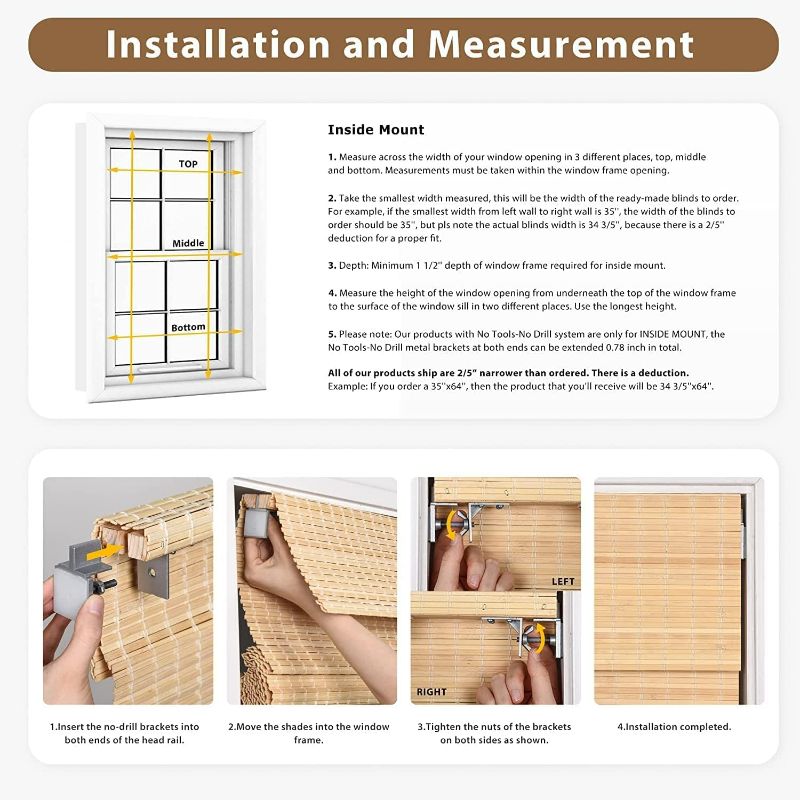 Photo 3 of (READ FULL POST) No Tools No Drill Cordless Bamboo Roman Shades, Light Filtering Window Treatment, Roll Up Bamboo Blinds for Window 34'' W x 64'' H, Acorn

