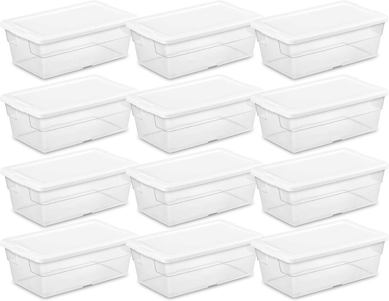 Photo 1 of ***SEE NOTES*** Sterilite 6 Qt Storage Box, Stackable Bin with Lid, Plastic Container to Organize Shoes and Crafts on Closet Shelves, Clear with White Lid, (Pack of 12).
