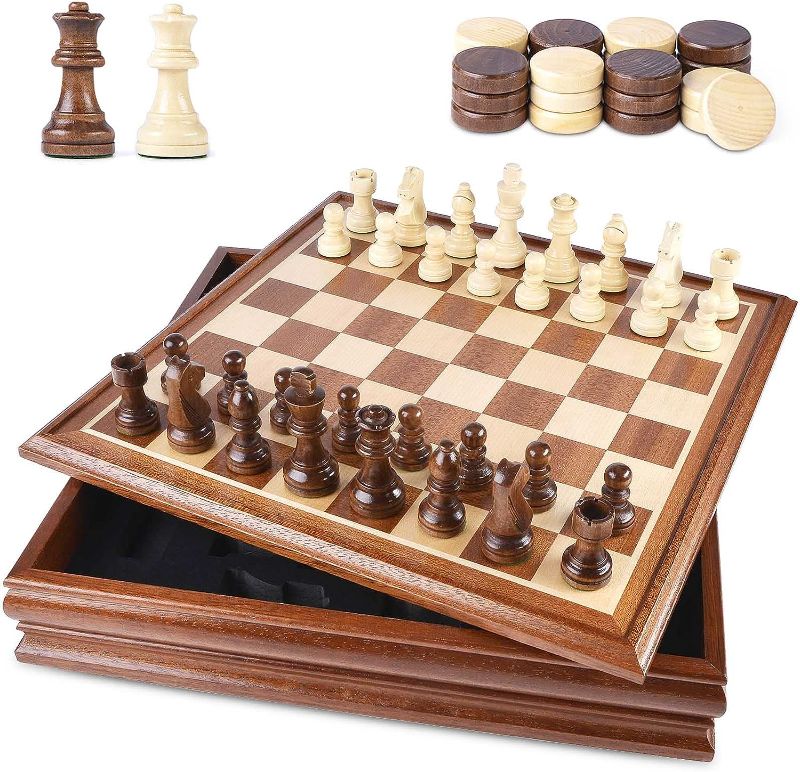 Photo 1 of VAMSLOVE Chess and Checkers Board Game Sets for Adults Wooden Deluxe 15 inch Wood Board Box with Storage Slots, Classic 2 in 1 Large Size with Weighted Chess Pieces - 3” King Height - 2 Extra Queens