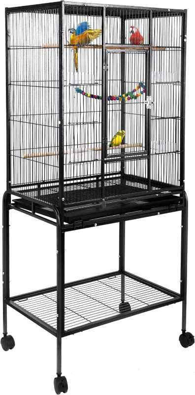 Photo 1 of 53-inch Bird Cage with Rolling Stand & Storage Shelf, Large Wrought Iron Parrot Cage for Cockatiel, Conure, Lovebird, Parakeets, Pet House with Bottom Tray Wire
