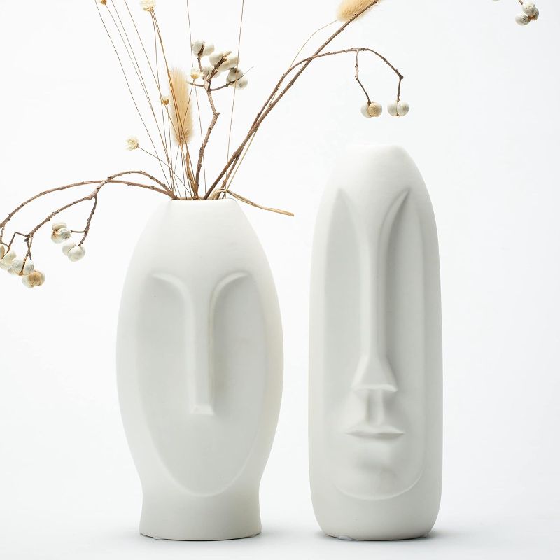 Photo 1 of  Face Vase Set 2, White Modern Vase, Ceramic Statue Human Face Vase
