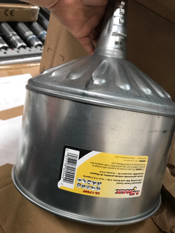 Photo 2 of LUMAX LX-1708T Silver 8 Quart Galvanized Tractor Funnel with Locking Tabs and Removable Stainless Steel Screen. Heavy-Duty Construction for Rugged use. Has a Fluted Bottom to Prevent Swirling.