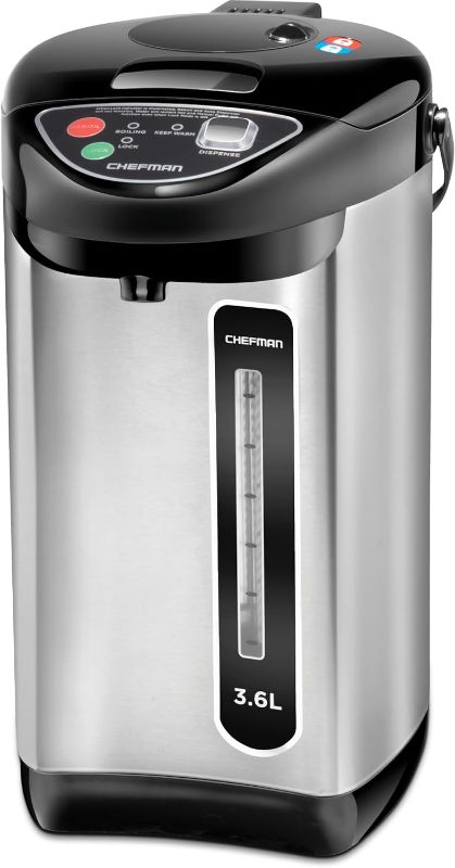 Photo 1 of Chefman Electric Hot Water Pot Urn w/Auto & Manual Dispense Buttons, 5.3L/5.6 Qt/30+ Cups & Compact Glasstop Warming Tray, Black 5.3 Liter Hot Water Pot + Tray, Black
