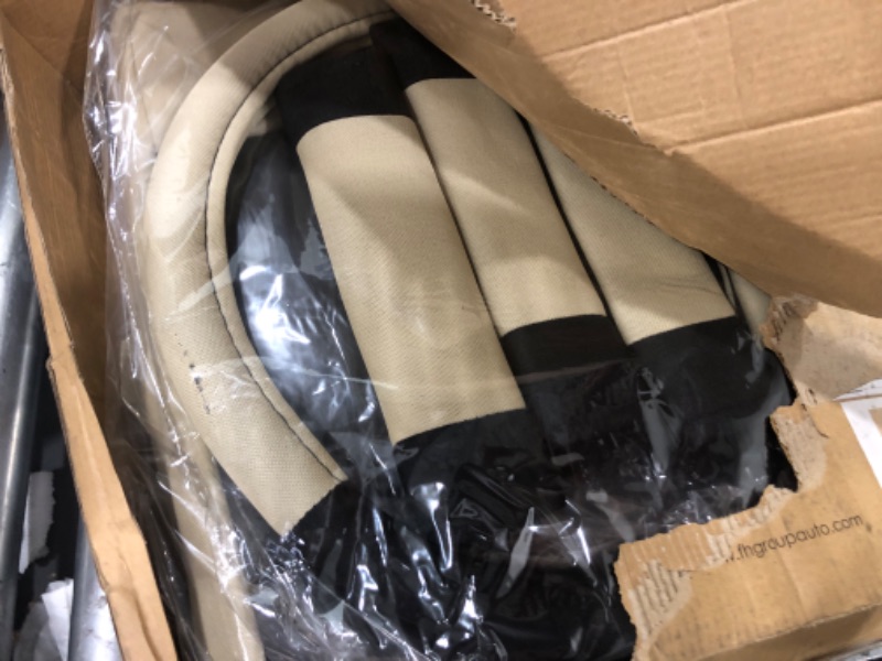 Photo 1 of Automotive Seat Covers Beige Black Universal Fit Seat Cover Combo Set with Steering Wheel Cover and Seat Belt Pad (Airbag Compatible and Split Bench) FH Group FB030BEIGEBLACK115-COMBO Beige/Black