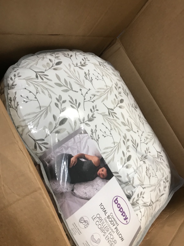 Photo 2 of Boppy Total Body Pregnancy Pillow with Easy-on Removable Pillow Cover in Gray Scattered Leaves for Full-body Support, Body Pillow for Pregnancy and Postpartum Positioning