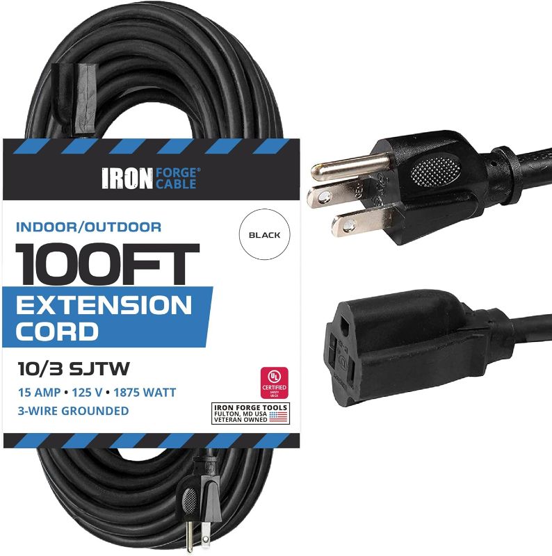 Photo 1 of Iron Forge Cable 100 Foot Outdoor Extension Cord - 10/3 SJTW 10 Gauge Black Extension Cable with 3 Prong Grounded Plug for Safety, 15 AMP - Great for Garden and Major Appliances 100 Foot Black