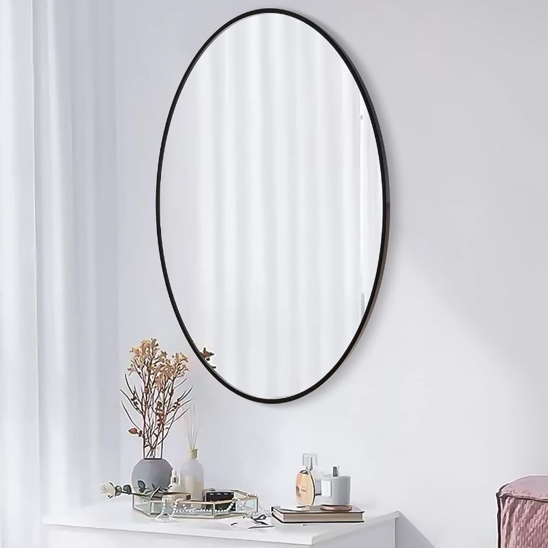 Photo 1 of 20x30 Oval Mirror Round Full Length Wall Mounted Hanging or Against Wall Metal Frame Dressing Make-up Mirrors for Entryway Bedroom Bathroom Living Room 30 20 inch Black