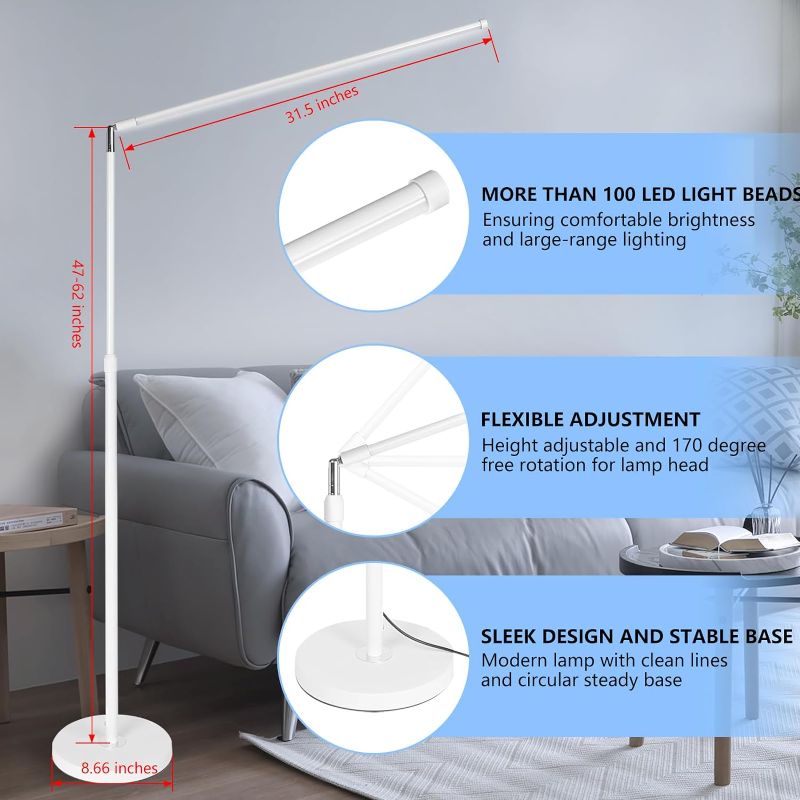 Photo 1 of Allfyer Floor Lamp with Long Lamp Head and Adjustable Height, White Stepless and Dimmable Reading Light Floor Lamp, LED Floor Lamp for Office, Bedroom and Living Room, Remote and Phone Control