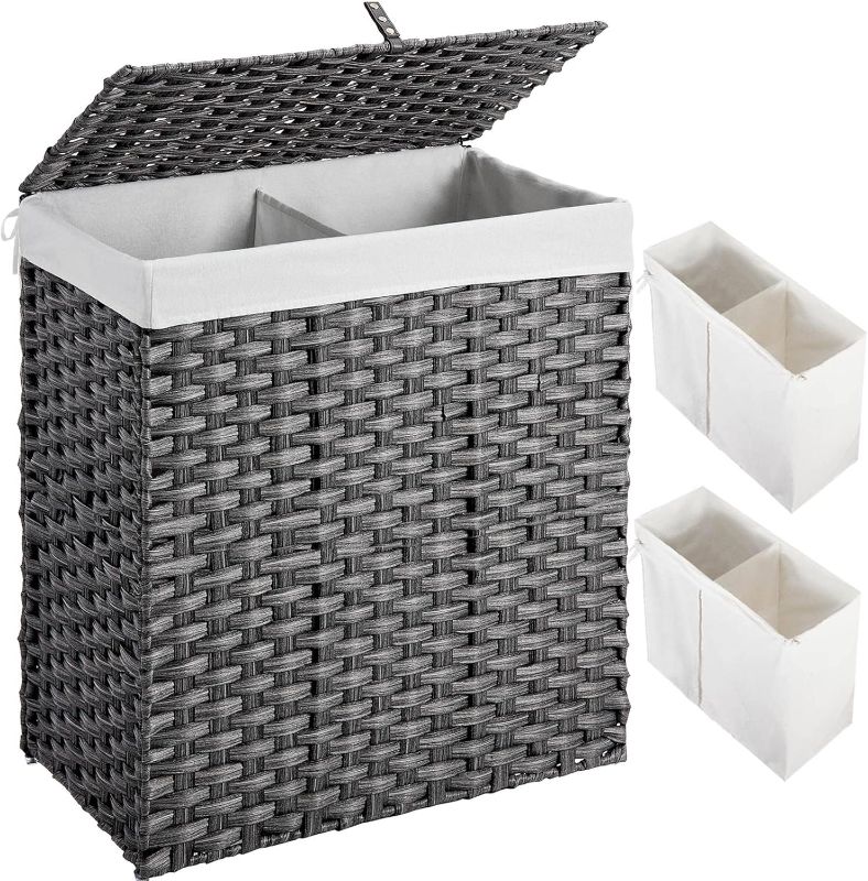 Photo 2 of ''NEEDS MAKESHIFT RODS'' GREENSTELL Laundry Hamper with lid, No Install Needed, 110L Wicker Laundry Baskets Foldable 2 Removable Liner Bags, 2 Section Clothes Hamper Handwoven Rattan Laundry Basket with Handles, Gray 