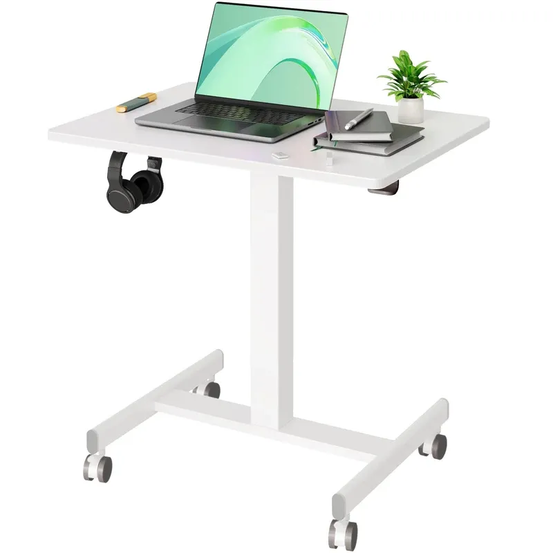 Photo 2 of Claiks Mobile Standing Desk, Small Rolling Standing Desk, Mobile Desk Workstation with Wheels, Pneumatic Mobile Laptop Desk for Home Office with Hook, White
