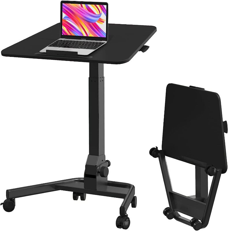 Photo 1 of JYLH JOYSEEKER Foldable Mobile Standing Desk, Pneumatic Height Adjustable Rolling Sit Stand Desk, 90° Tiltable Portable Laptop Desk on Wheels, Mobile Desk Workstation for Home Office, Easy to Fold