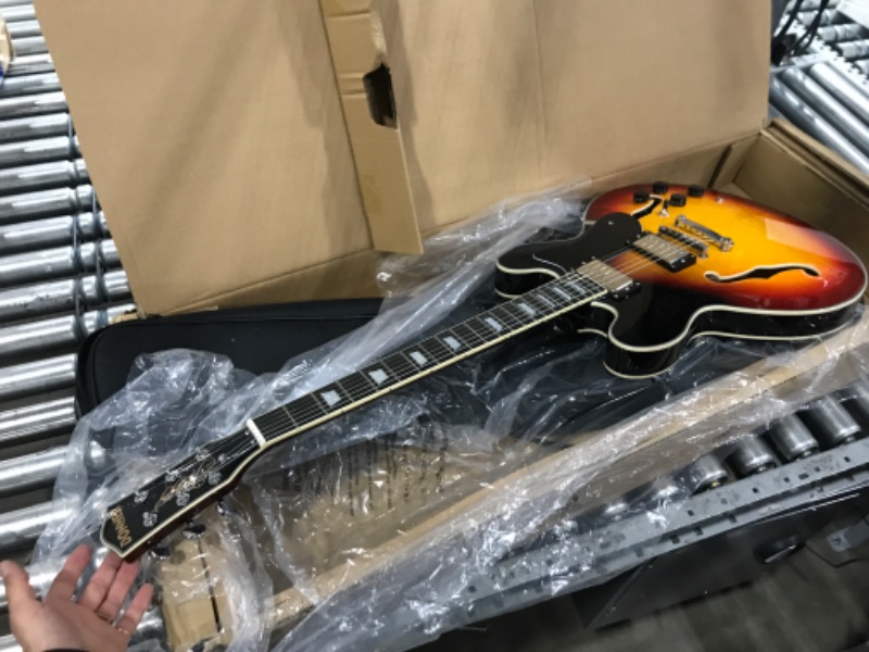 Photo 3 of Donner Semi-Hollow Electric Guitar, DJP-1000 Jazz Guitar with H-H Pickups & Coil-splitting Function, 335 Electric Guitar Bonus Bag, Cable, Strap Sunset Tiger