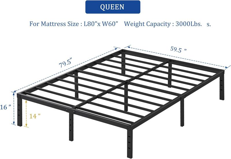 Photo 3 of (READ FULL POST) Queen Size Bed Frame 16 Inches High Metal Platform Bedframe with Slat Strips Easy Assembly Heavy Duty Strong No Need Box Spring Noise Free Non-Slip Large Storage Space underbed
