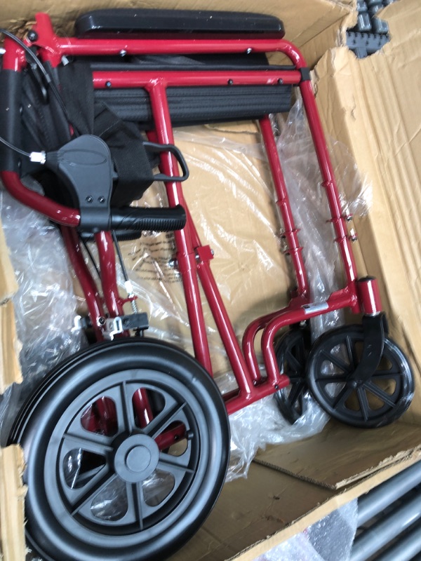 Photo 1 of Medline Lightweight Transport Wheelchair with Handbrakes, Folding Transport Chair for Adults has 12 inch Wheels, Red