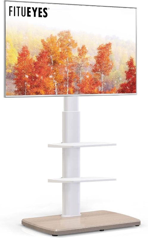 Photo 1 of FITUEYES TV Stand for 32 39 40 43 49 50 55 60 65 70 Inch TVs Tall Floor TV Stands with Sturdy Wood Base Universal Corner Stand for Flat Panel Screen TVs Height Adjustable Shelves White