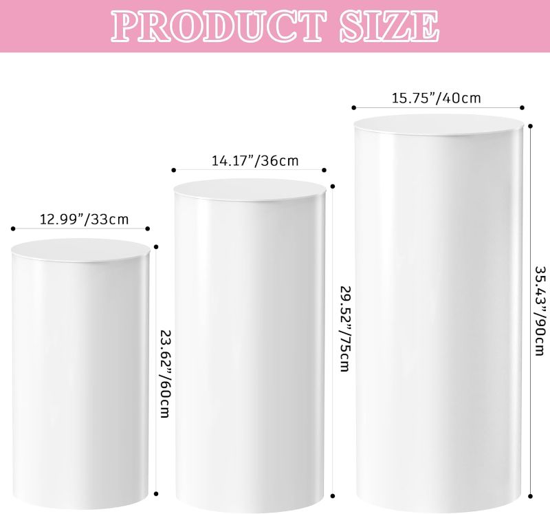 Photo 1 of *STOCK PHOTO JUST FOR REFERENCE** CLEAR Wokceer Cylinder Pedestal Stands for Party 3Pcs Large Round Cylinder Tables for Parties Pedestal Display Plinth Pillars for Wedding Birthday Party Art Decor 15.7*35.4"(L),14.2*29.5"(M),13*23.6"(S)
