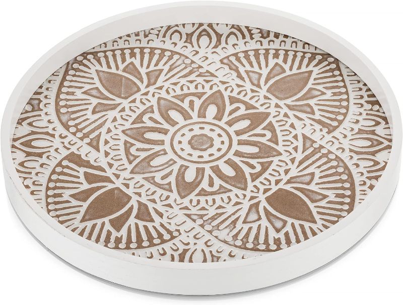 Photo 1 of Large Round Wood Decorative Tray: Hanobe Rustic Coffee Table Tray Farmhouse Tray Decor White Washed Centerpiece Wooden Serving Trays Rounded Tray for Kitchen Counter Boho Ottoman Tray for Home