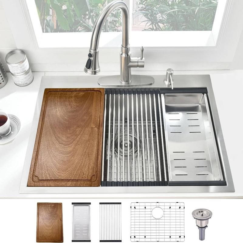 Photo 1 of 33-inch Drop in Kitchen Sink Workstation, BoomHoze 33x19 Topmount Drop-in Kitchen Sink 16 Gauge Stainless Steel Kitchen Sink Handmade Single Bowl Deep Kitchen Sink with Cutting Board
