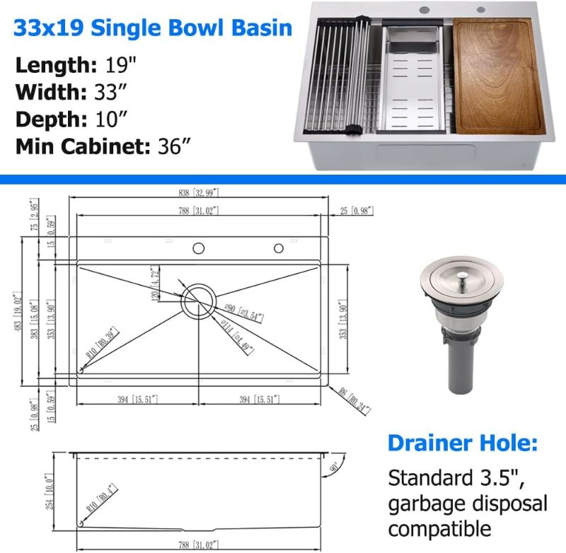 Photo 4 of (READ FULL POST) 33-inch Drop in Kitchen Sink Workstation, BoomHoze 33x19 Topmount Drop-in Kitchen Sink 16 Gauge Stainless Steel Kitchen Sink Handmade Single Bowl Deep Kitchen Sink with Cutting Board
