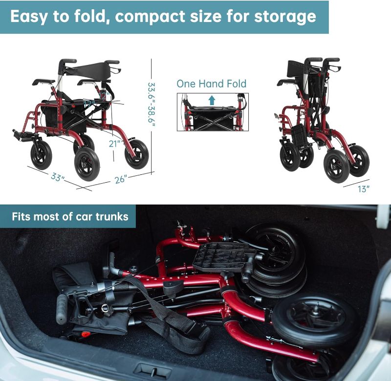 Photo 1 of *******unknown if complete********
ELENKER All-Terrain 2 in 1 Rollator Walker & Transport Chair, Folding Wheelchair with All 10” Wheels for Seniors, Reversible Backrest & Detachable Footrests, Red
