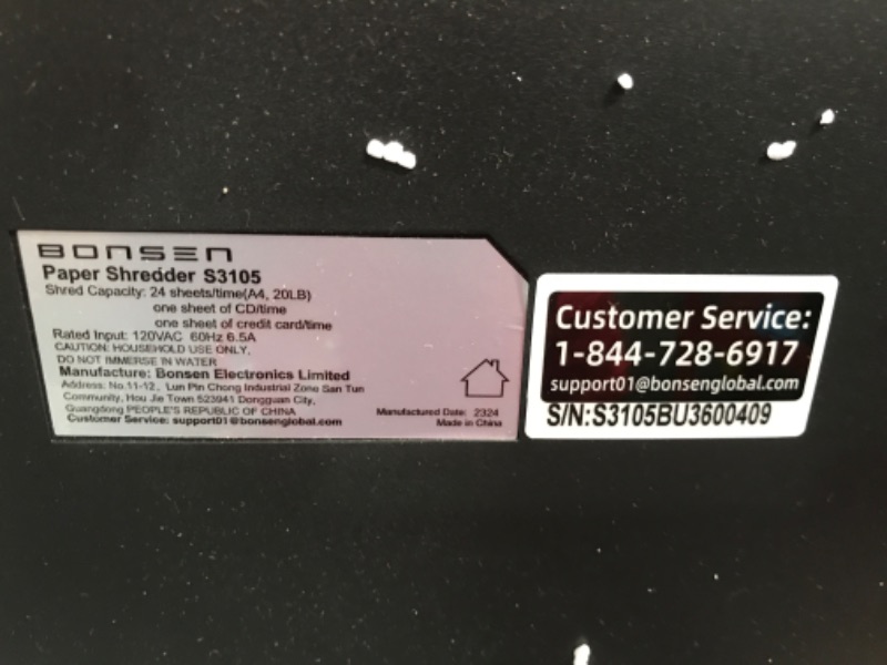 Photo 3 of **********UNABLE TO TEST, NO POWER CORD************
BONSEN Heavy Duty Paper Shredder, 24-Sheet Cross-Cut Shredder, 40-Min Continuous Running Time, Commercial Grade Shredder for Office, 9-Gallon Big Basket, 55dB Super Quiet, P-4 High Security (S3105)
