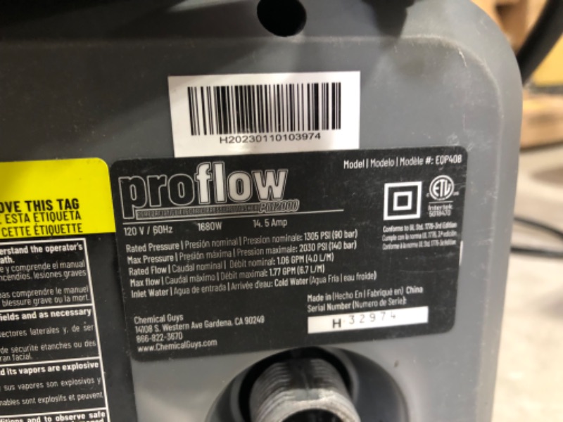 Photo 1 of ***USED - MISSING PARTS - INCLUDING NUMEROUS FITTINGS - UNABLE TO TEST***
Chemical Guys EQP_312PW 3-Piece Mega Foaming Car Wash Kit Including Honeydew Snow Foam (1 Gallon), TORQ Max Foam 8 Foam Cannon and EQP408 ProFlow Performance Electric Pressure Washe
