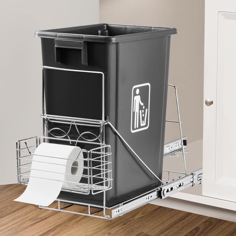 Photo 1 of *TRASH CAN NOT INCLUDED**
Pull Out Trash Can Under Cabinet with Front Basket for 30–40 Quart Cans, Adjustable Garbage for 7-12 Gallon Trash Can (No Trash Can)