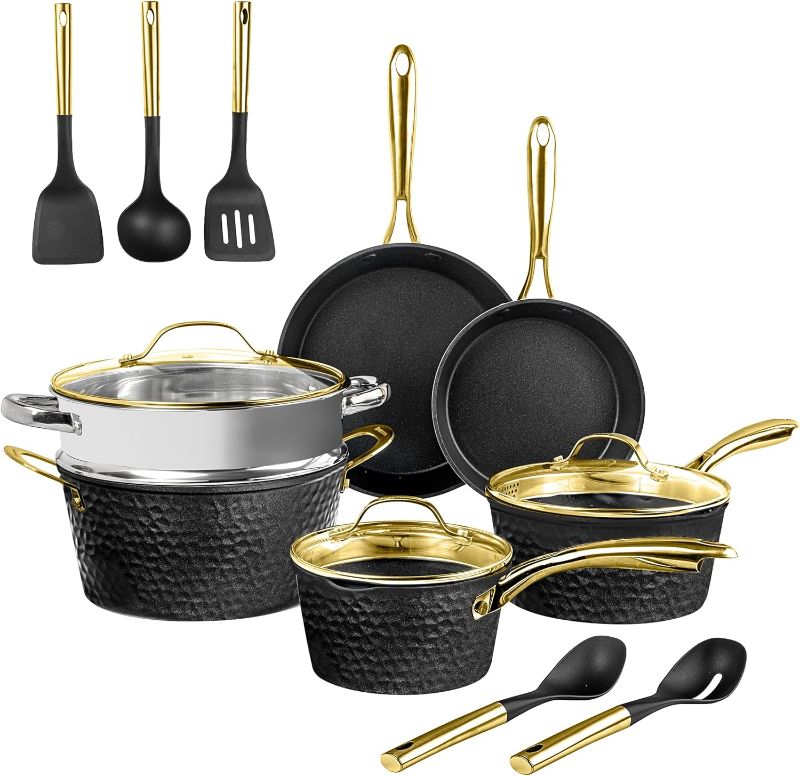 Photo 1 of ***USED - NON-STICK COATING DAMAGED - PARTS LIKELY MISSING***
Granitestone 15 Pc Ceramic Pots and Pans Set Non Stick, Kitchen Cookware Sets, Pot and Pan Set, Ceramic Cookware Set, Non Stick Pots and Pan Set with Induction Cookware, Dishwasher Safe, Black