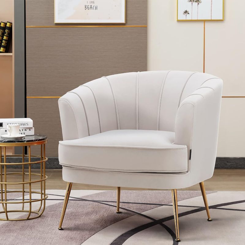 Photo 1 of *Not Exact*  Modern Velvet Barrel Chair Accent Armchair with Golden Legs for Living Room Bedroom Home Office, Channel Tufted Back Club Chair, Beige White Cream
