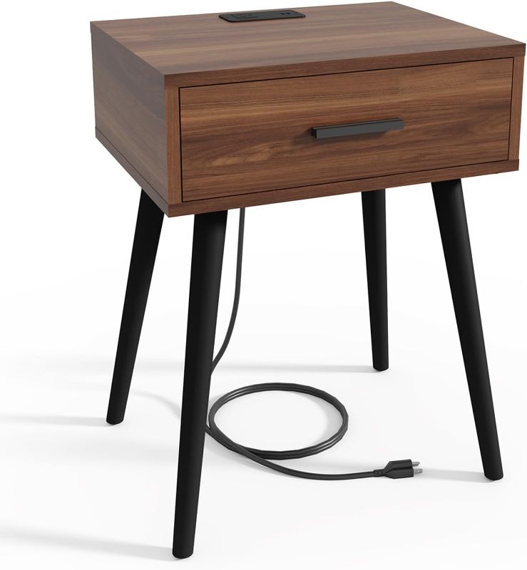 Photo 1 of HAIOOU Mid Century End Table with Charging Station, Modern One Drawer Nightstand Side Table with Premium Matte Black Handle and Pine Wood Legs for Home Bedroom Living Room