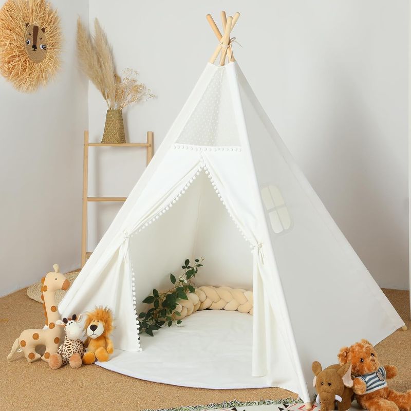 Photo 1 of 6 Pack Teepee Tent for Kids Bulk with Inflatable Airbed,String Light and Fitted Sheet, Natural Cotton Washable Toddler Play Tent for Girls Boys Slumber Party Indoor Outdoor(White)