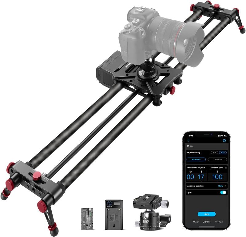 Photo 1 of 7.2”/120cm Motorized Camera Slider, App Wireless Control Carbon Fiber Dolly Rail Slider, Support Video Mode, Time Lapse Photography, Horizontal, Tracking and 120° Panoramic Shooting (ER1-120)